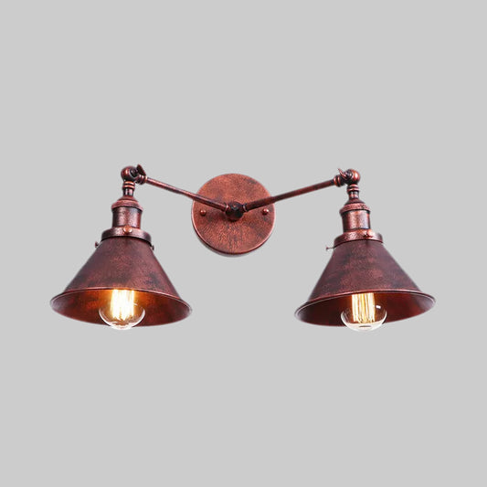 Tapered Shade Iron Wall Mount Fixture Industrial Vintage 2 Heads Farmhouse Wall Mount Light in Black/Brass Clearhalo 'Art deco wall lights' 'Cast Iron' 'Glass' 'Industrial wall lights' 'Industrial' 'Middle century wall lights' 'Modern' 'Rustic wall lights' 'Tiffany' 'Traditional wall lights' 'Wall Lamps & Sconces' 'Wall Lights' Lighting' 1418003