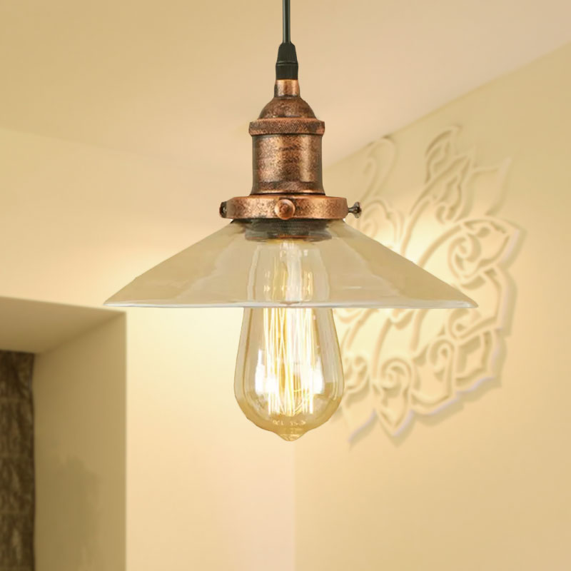 1 Light Clear Glass Pendant Lamp Industrial Black/Rust/Copper Cone Living Room Hanging Light Fixture Clearhalo 'Ceiling Lights' 'Glass shade' 'Glass' 'Industrial Pendants' 'Industrial' 'Middle Century Pendants' 'Pendant Lights' 'Pendants' 'Tiffany' Lighting' 1418029