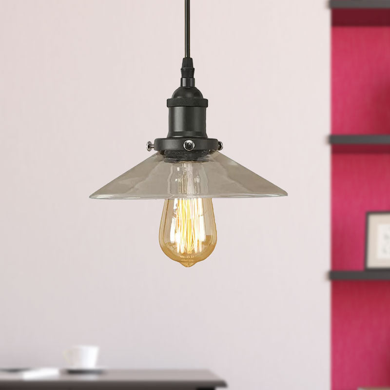 1 Light Clear Glass Pendant Lamp Industrial Black/Rust/Copper Cone Living Room Hanging Light Fixture Clearhalo 'Ceiling Lights' 'Glass shade' 'Glass' 'Industrial Pendants' 'Industrial' 'Middle Century Pendants' 'Pendant Lights' 'Pendants' 'Tiffany' Lighting' 1418034