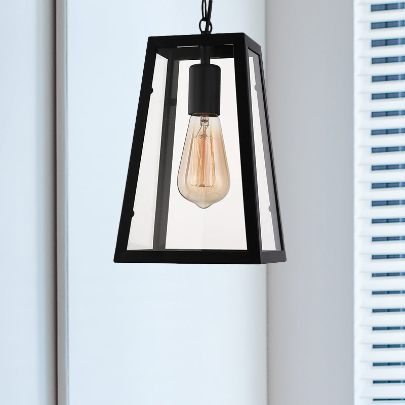 Industrial Trapezoid Pendant Lighting 1 Light Clear Glass Hanging Light Fixture in Black, 7" /12" Wide Clearhalo 'Ceiling Lights' 'Chandeliers' 'Glass shade' 'Glass' 'Industrial Pendants' 'Industrial' 'Middle Century Pendants' 'Pendant Lights' 'Pendants' 'Tiffany' Lighting' 1418047