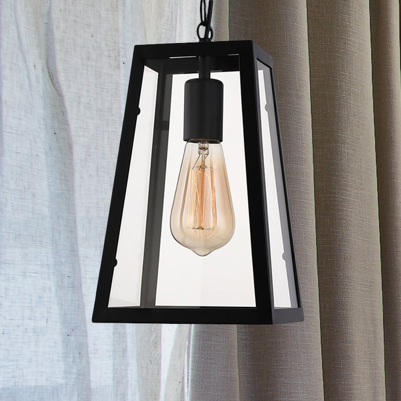 Industrial Trapezoid Pendant Lighting 1 Light Clear Glass Hanging Light Fixture in Black, 7" /12" Wide Clearhalo 'Ceiling Lights' 'Chandeliers' 'Glass shade' 'Glass' 'Industrial Pendants' 'Industrial' 'Middle Century Pendants' 'Pendant Lights' 'Pendants' 'Tiffany' Lighting' 1418048