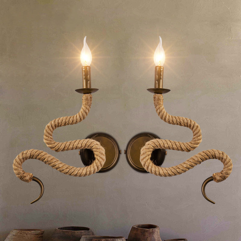 Candle Roped Sconce Light Fixture with Curved Design Vintage 1 Light Bedroom Wall Mounted Light in Bronze Clearhalo 'Industrial wall lights' 'Industrial' 'Middle century wall lights' 'Tiffany' 'Wall Lamps & Sconces' 'Wall Lights' Lighting' 1418052