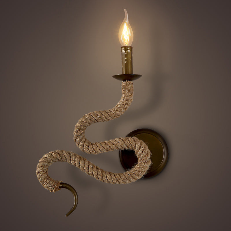 Candle Roped Sconce Light Fixture with Curved Design Vintage 1 Light Bedroom Wall Mounted Light in Bronze Clearhalo 'Industrial wall lights' 'Industrial' 'Middle century wall lights' 'Tiffany' 'Wall Lamps & Sconces' 'Wall Lights' Lighting' 1418053