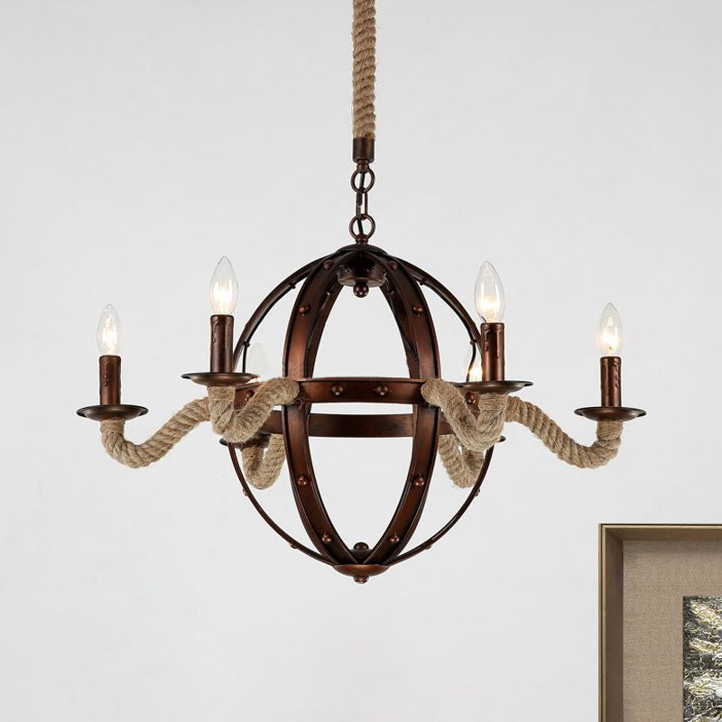 Black/Rust Finish Spherical Chandelier Light Fixture Antique Metal Multi Light Farmhouse Hanging Lamp with Rope/Chain Clearhalo 'Ceiling Lights' 'Chandeliers' 'Industrial Chandeliers' 'Industrial' 'Middle Century Chandeliers' 'Tiffany' Lighting' 1418056