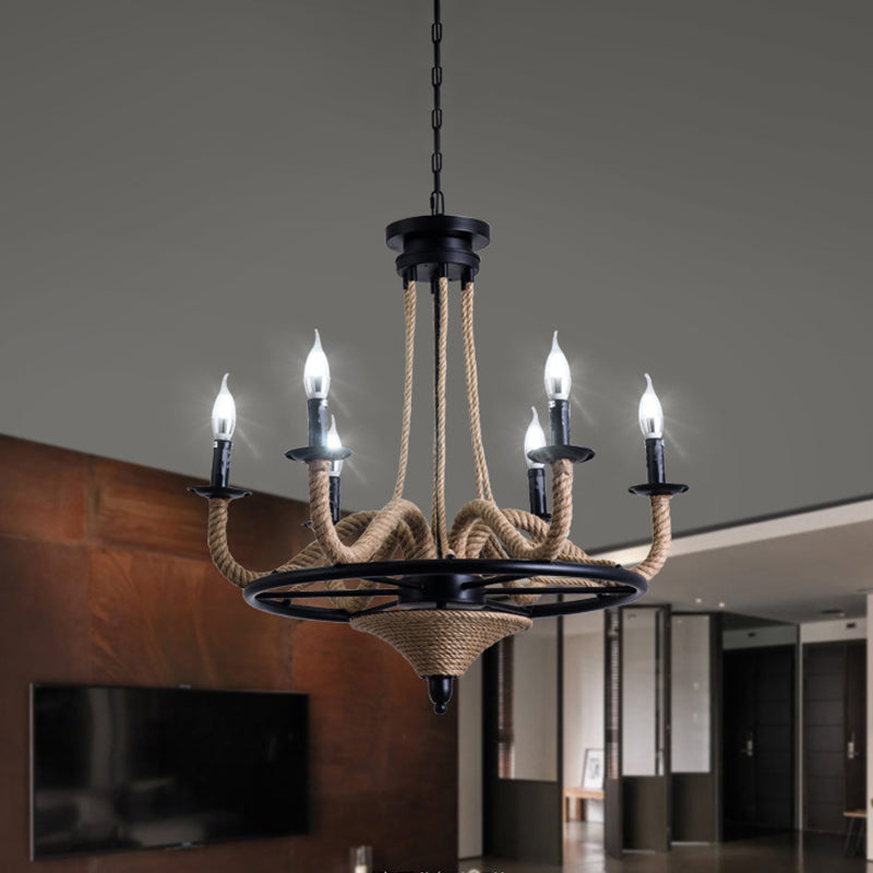 6 Bulb Chandelier Pendant Light Vintage Wagon Wheel Metal Hanging Lamp with Rope Detail in Black Clearhalo 'Ceiling Lights' 'Chandeliers' 'Industrial Chandeliers' 'Industrial' 'Middle Century Chandeliers' 'Tiffany' Lighting' 1418058