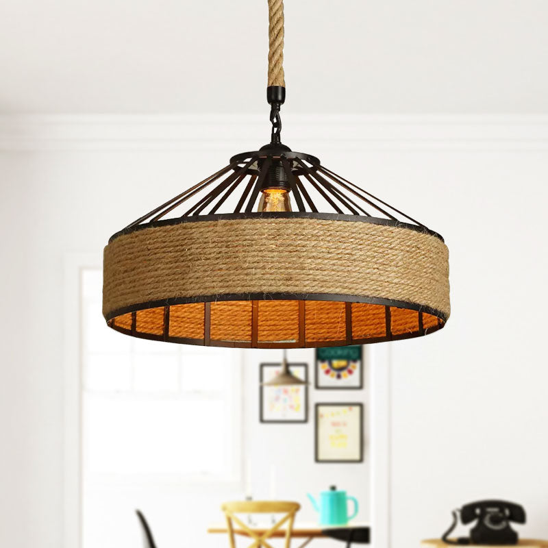 Drum Shade Rope Pendant Ceiling Light Vintage Style 1 Bulb Coffee Shop Hanging Light in Black Clearhalo 'Ceiling Lights' 'Industrial Pendants' 'Industrial' 'Middle Century Pendants' 'Pendant Lights' 'Pendants' 'Tiffany' Lighting' 1418071