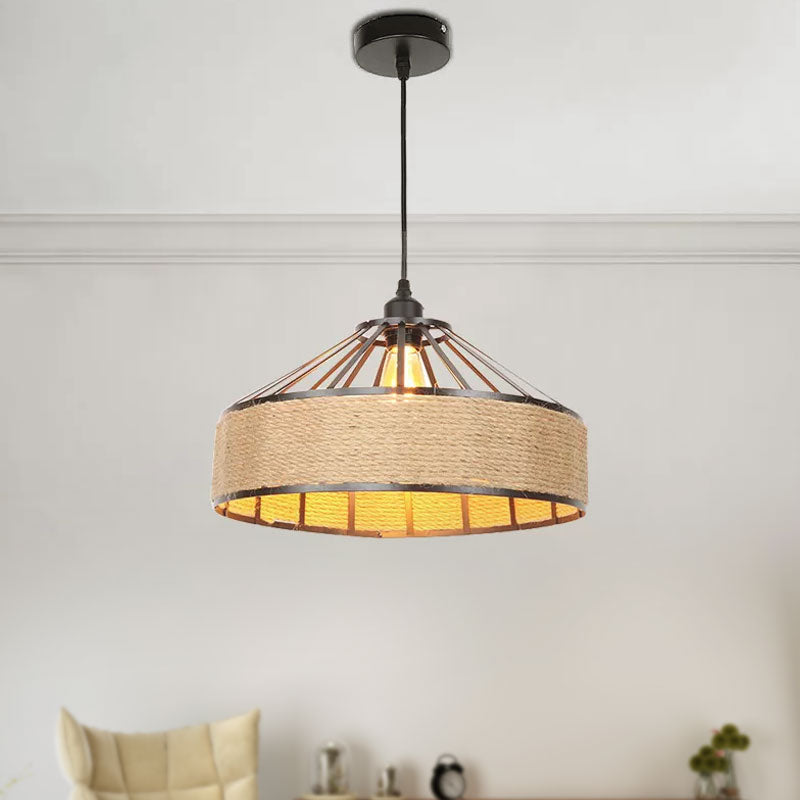 Drum Shade Rope Pendant Ceiling Light Vintage Style 1 Bulb Coffee Shop Hanging Light in Black Clearhalo 'Ceiling Lights' 'Industrial Pendants' 'Industrial' 'Middle Century Pendants' 'Pendant Lights' 'Pendants' 'Tiffany' Lighting' 1418072