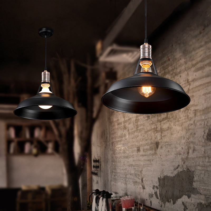 Vintage Style Barn Hanging Pendant Light 1 Bulb Metallic Suspension Light in Black/White, 10.5/12/15 Inch Width Clearhalo 'Art Deco Pendants' 'Black' 'Cast Iron' 'Ceiling Lights' 'Ceramic' 'Crystal' 'Industrial Pendants' 'Industrial' 'Metal' 'Middle Century Pendants' 'Pendant Lights' 'Pendants' 'Rustic Pendants' 'Tiffany' Lighting' 1418096