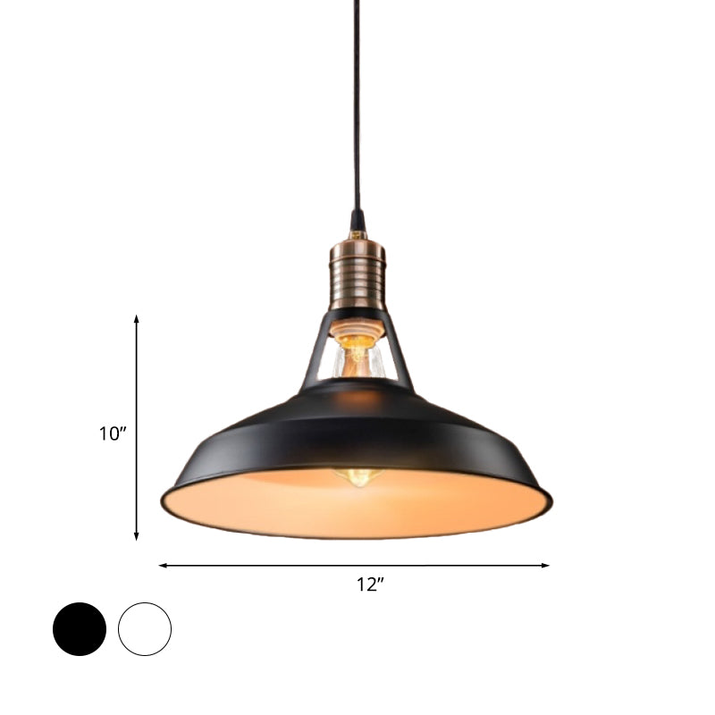 Vintage Style Barn Hanging Pendant Light 1 Bulb Metallic Suspension Light in Black/White, 10.5/12/15 Inch Width Clearhalo 'Art Deco Pendants' 'Black' 'Cast Iron' 'Ceiling Lights' 'Ceramic' 'Crystal' 'Industrial Pendants' 'Industrial' 'Metal' 'Middle Century Pendants' 'Pendant Lights' 'Pendants' 'Rustic Pendants' 'Tiffany' Lighting' 1418100