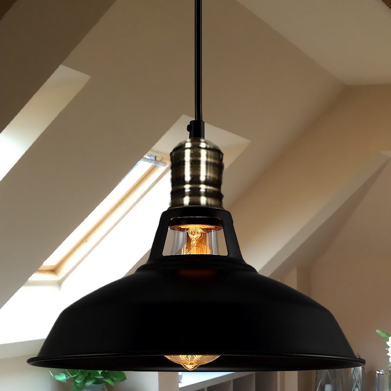 10.5/12/15 Inch Dia 1 Head Barn Pendant Lighting Industrial Black/White Metallic Suspension Light over Table Clearhalo 'Art Deco Pendants' 'Black' 'Cast Iron' 'Ceiling Lights' 'Ceramic' 'Crystal' 'Industrial Pendants' 'Industrial' 'Metal' 'Middle Century Pendants' 'Pendant Lights' 'Pendants' 'Rustic Pendants' 'Tiffany' Lighting' 1418107