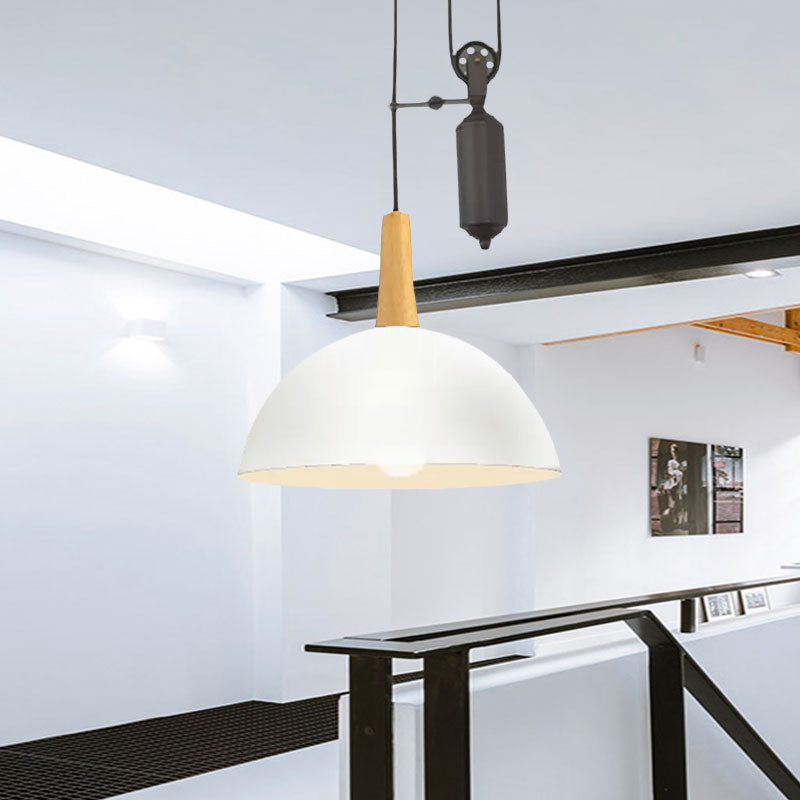 Domed Kitchen Pendant Light Fixture with Pulley Industrial Style Metal 1 Light Black/White Hanging Lamp Clearhalo 'Ceiling Lights' 'Industrial Pendants' 'Industrial' 'Middle Century Pendants' 'Pendant Lights' 'Pendants' 'Tiffany' Lighting' 1418127