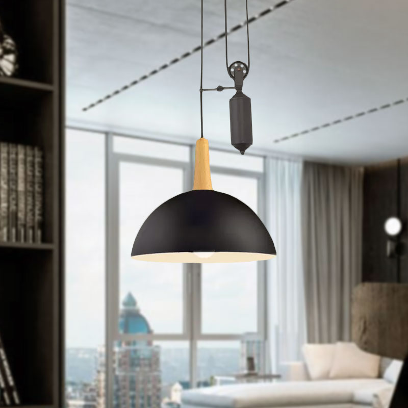 Domed Kitchen Pendant Light Fixture with Pulley Industrial Style Metal 1 Light Black/White Hanging Lamp Clearhalo 'Ceiling Lights' 'Industrial Pendants' 'Industrial' 'Middle Century Pendants' 'Pendant Lights' 'Pendants' 'Tiffany' Lighting' 1418128