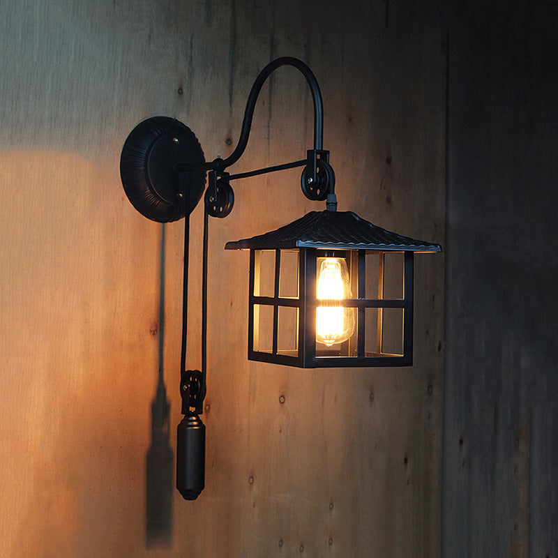 Square/Rectangle Cage Indoor Wall Lamp Farmhouse Style Metal 1 Light Black Wall Mounted Light with Pulley Clearhalo 'Art deco wall lights' 'Cast Iron' 'Glass' 'Industrial wall lights' 'Industrial' 'Middle century wall lights' 'Modern' 'Rustic wall lights' 'Tiffany' 'Traditional wall lights' 'Wall Lamps & Sconces' 'Wall Lights' Lighting' 1418142