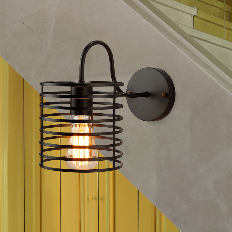 Metal Cylinder Caged Wall Lamp with Gooseneck Arm Retro 1 Head Corridor Wall Sconce Light in Black, 8.5"/9.5" Width Clearhalo 'Wall Lamps & Sconces' 'Wall Lights' Lighting' 1418145