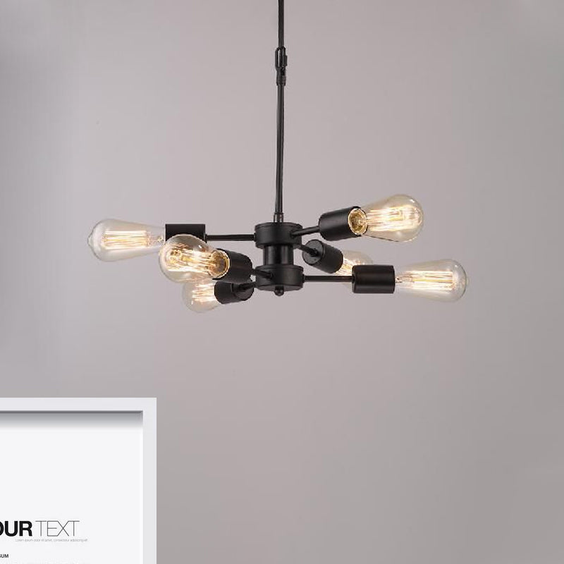 6 Heads Chandelier Lamp with Exposed Bulb Antique Style Black Metal Ceiling Pendant Lamp over Table Clearhalo 'Cast Iron' 'Ceiling Lights' 'Chandeliers' 'Industrial Chandeliers' 'Industrial' 'Metal' 'Middle Century Chandeliers' 'Rustic Chandeliers' 'Tiffany' Lighting' 1418155