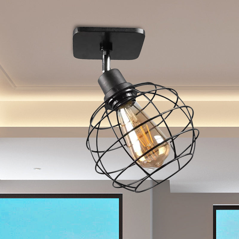 1/2/3-Head Ball Cage Semi Flush Mount Ceiling Light Industrial Black Metal Rotatable Ceiling Fixture for Restaurant Clearhalo 'Ceiling Lights' 'Close To Ceiling Lights' 'Close to ceiling' 'Semi-flushmount' Lighting' 1418156