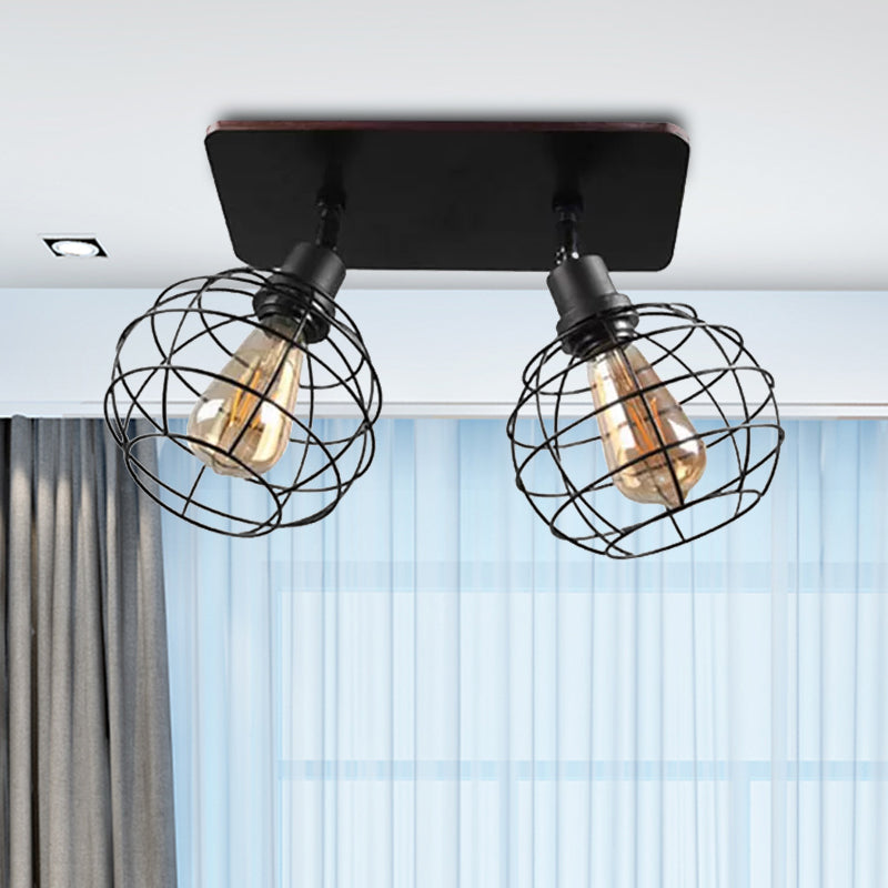 1/2/3-Head Ball Cage Semi Flush Mount Ceiling Light Industrial Black Metal Rotatable Ceiling Fixture for Restaurant Clearhalo 'Ceiling Lights' 'Close To Ceiling Lights' 'Close to ceiling' 'Semi-flushmount' Lighting' 1418157