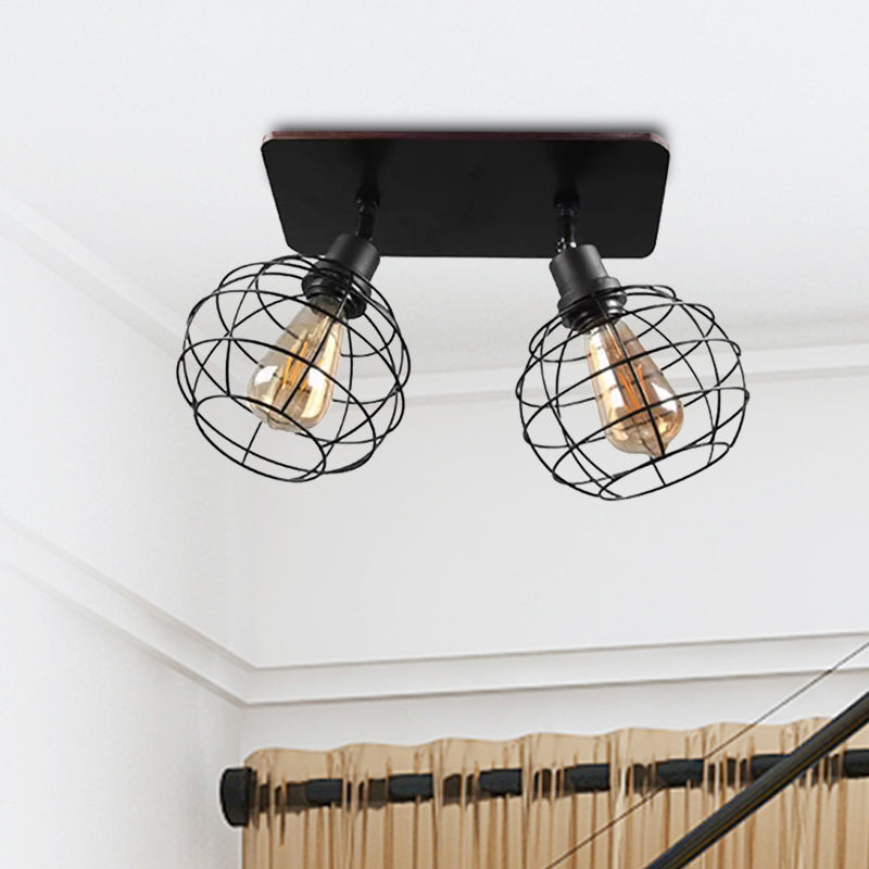 1/2/3-Head Ball Cage Semi Flush Mount Ceiling Light Industrial Black Metal Rotatable Ceiling Fixture for Restaurant Clearhalo 'Ceiling Lights' 'Close To Ceiling Lights' 'Close to ceiling' 'Semi-flushmount' Lighting' 1418158