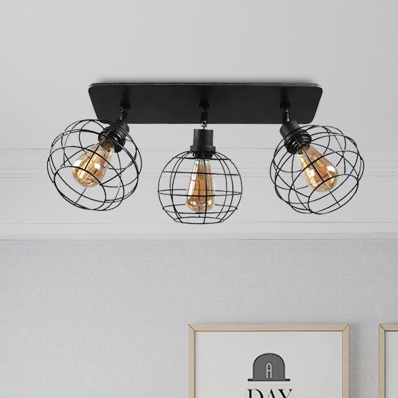 1/2/3-Head Ball Cage Semi Flush Mount Ceiling Light Industrial Black Metal Rotatable Ceiling Fixture for Restaurant Clearhalo 'Ceiling Lights' 'Close To Ceiling Lights' 'Close to ceiling' 'Semi-flushmount' Lighting' 1418159