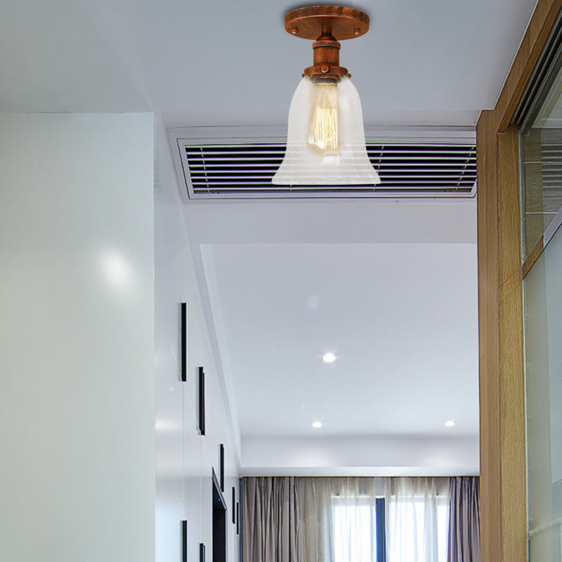 One Bulb Lighting Fixture Industrial Flared Clear Glass Semi Flush Mount Light in Black/Bronze/Copper Rust Clearhalo 'Ceiling Lights' 'Close To Ceiling Lights' 'Close to ceiling' 'Flush mount' 'Industrial Flush Mount' Lighting' 141816