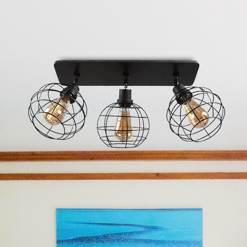 1/2/3-Head Ball Cage Semi Flush Mount Ceiling Light Industrial Black Metal Rotatable Ceiling Fixture for Restaurant Clearhalo 'Ceiling Lights' 'Close To Ceiling Lights' 'Close to ceiling' 'Semi-flushmount' Lighting' 1418160