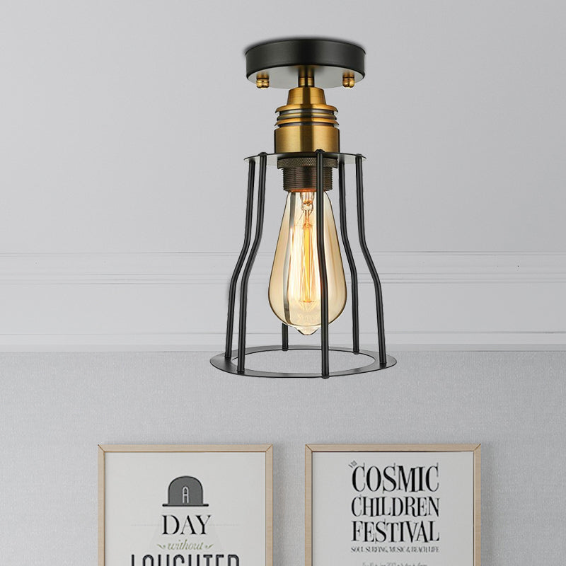 Industrial Stylish Wire Guard Ceiling Light 1 Light Metallic Semi Flush Light in Brass/Antique Brass for Hallway Clearhalo 'Ceiling Lights' 'Close To Ceiling Lights' 'Close to ceiling' 'Semi-flushmount' Lighting' 1418161