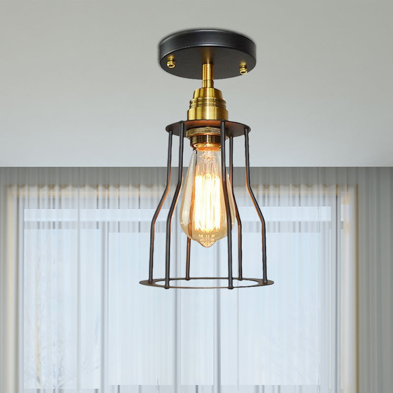Industrial Stylish Wire Guard Ceiling Light 1 Light Metallic Semi Flush Light in Brass/Antique Brass for Hallway Clearhalo 'Ceiling Lights' 'Close To Ceiling Lights' 'Close to ceiling' 'Semi-flushmount' Lighting' 1418162
