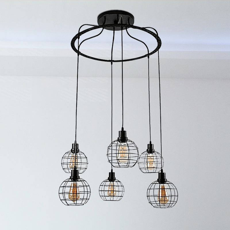 Industrial Style Global Hanging Lamp 6 Bulbs Metallic Suspended Light with Wire Cage Shade in Black Clearhalo 'Art Deco Pendants' 'Black' 'Cast Iron' 'Ceiling Lights' 'Ceramic' 'Crystal' 'Industrial Pendants' 'Industrial' 'Metal' 'Middle Century Pendants' 'Pendant Lights' 'Pendants' 'Rustic Pendants' 'Tiffany' Lighting' 1418163