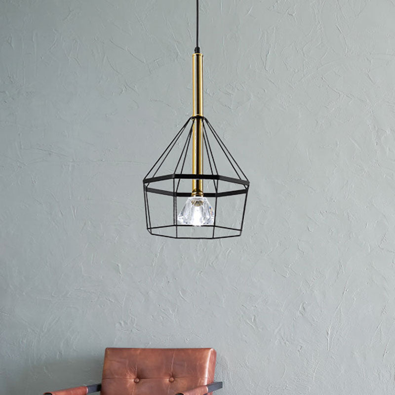 1 Light Pendant Lamp Industrial Style Caged Metal Hanging Light with Clear Crystal Shade in Black Finish Clearhalo 'Ceiling Lights' 'Pendant Lights' 'Pendants' Lighting' 1418179