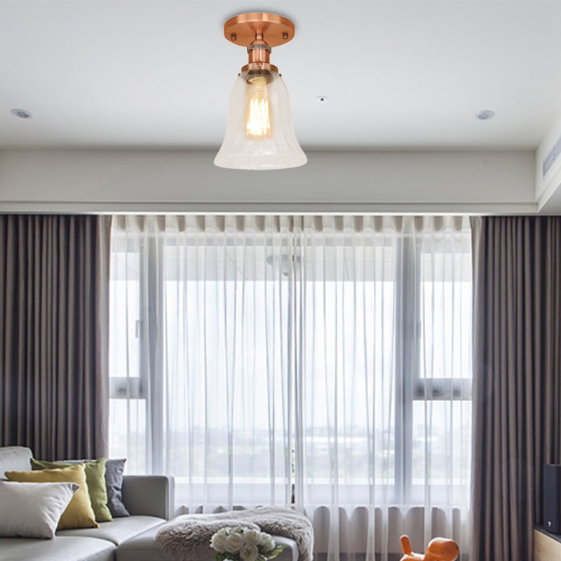 One Bulb Lighting Fixture Industrial Flared Clear Glass Semi Flush Mount Light in Black/Bronze/Copper Copper Clearhalo 'Ceiling Lights' 'Close To Ceiling Lights' 'Close to ceiling' 'Flush mount' 'Industrial Flush Mount' Lighting' 141822