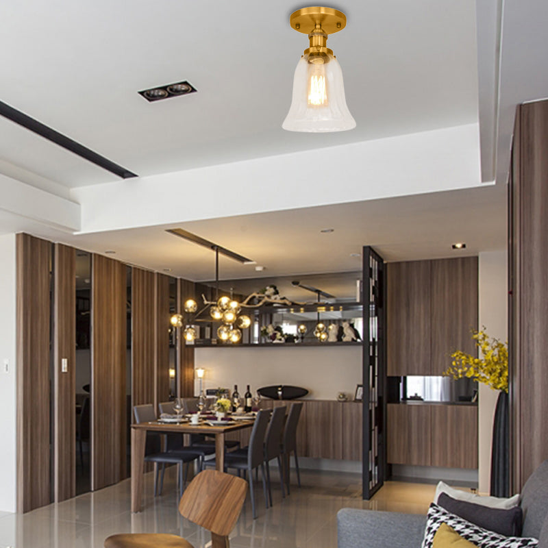 One Bulb Lighting Fixture Industrial Flared Clear Glass Semi Flush Mount Light in Black/Bronze/Copper Brass Clearhalo 'Ceiling Lights' 'Close To Ceiling Lights' 'Close to ceiling' 'Flush mount' 'Industrial Flush Mount' Lighting' 141824