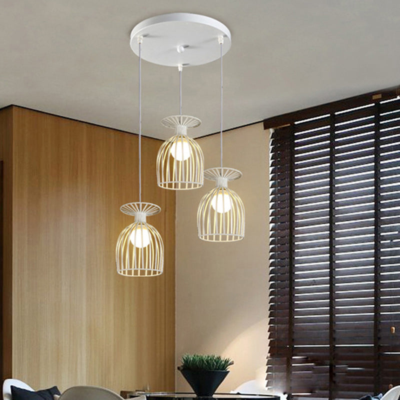 Wine Glass Metal Pendant Light Fixture with Cage Shade Industrial 3 Lights Dining Room Ceiling Light in Black/White White Round Clearhalo 'Art Deco Pendants' 'Black' 'Cast Iron' 'Ceiling Lights' 'Ceramic' 'Crystal' 'Industrial Pendants' 'Industrial' 'Metal' 'Middle Century Pendants' 'Pendant Lights' 'Pendants' 'Rustic Pendants' 'Tiffany' Lighting' 1418243