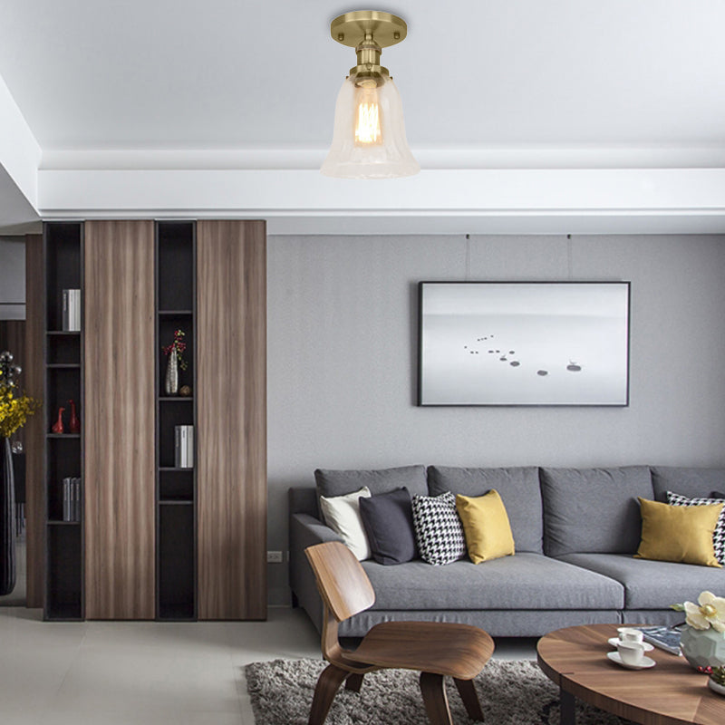 One Bulb Lighting Fixture Industrial Flared Clear Glass Semi Flush Mount Light in Black/Bronze/Copper Antique Brass Clearhalo 'Ceiling Lights' 'Close To Ceiling Lights' 'Close to ceiling' 'Flush mount' 'Industrial Flush Mount' Lighting' 141826