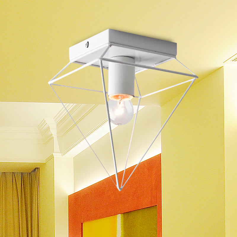 1 Light Cage Diamond Flush Mount Ceiling Light Loft Stylish Black/White Metallic Ceiling Lamp for Study Room Clearhalo 'Ceiling Lights' 'Close To Ceiling Lights' 'Close to ceiling' 'Flush mount' 'Industrial Flush Mount' Lighting' 1418277