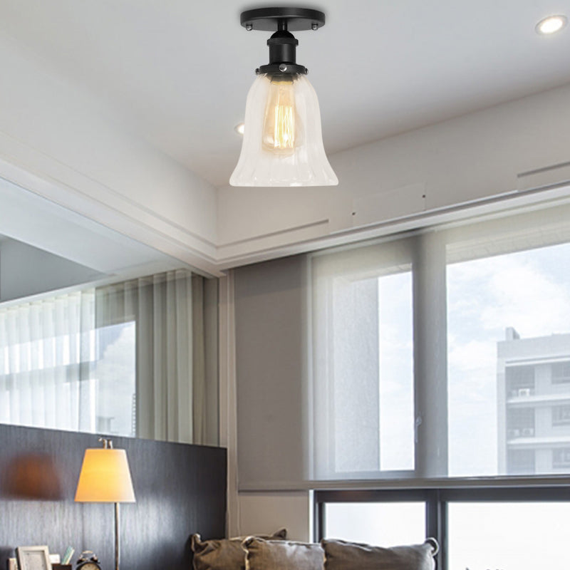One Bulb Lighting Fixture Industrial Flared Clear Glass Semi Flush Mount Light in Black/Bronze/Copper Black Clearhalo 'Ceiling Lights' 'Close To Ceiling Lights' 'Close to ceiling' 'Flush mount' 'Industrial Flush Mount' Lighting' 141828