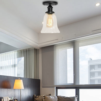 One Bulb Lighting Fixture Industrial Flared Clear Glass Semi Flush Mount Light in Black/Bronze/Copper Black Clearhalo 'Ceiling Lights' 'Close To Ceiling Lights' 'Close to ceiling' 'Flush mount' 'Industrial Flush Mount' Lighting' 141828