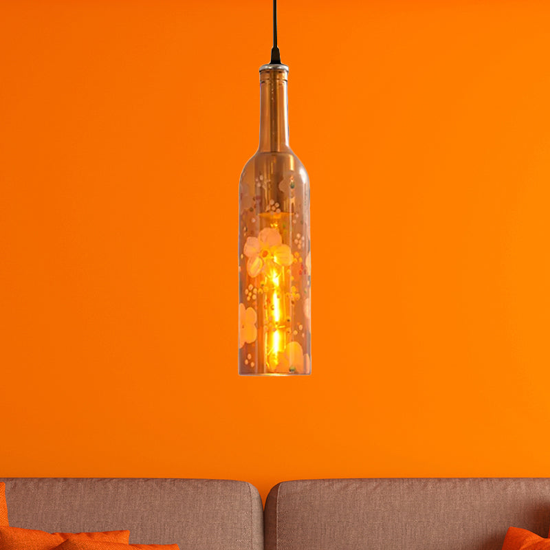 1 Light Bottle Hanging Lamp Industrial Style Red/Yellow Glass Suspended Light with Pattern for Restaurant Clearhalo 'Ceiling Lights' 'Glass shade' 'Glass' 'Industrial Pendants' 'Industrial' 'Middle Century Pendants' 'Pendant Lights' 'Pendants' 'Tiffany' Lighting' 1418285