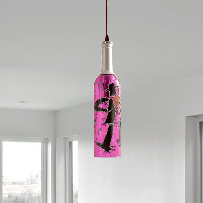 1 Light Bottle Hanging Lamp Industrial Style Red/Yellow Glass Suspended Light with Pattern for Restaurant Clearhalo 'Ceiling Lights' 'Glass shade' 'Glass' 'Industrial Pendants' 'Industrial' 'Middle Century Pendants' 'Pendant Lights' 'Pendants' 'Tiffany' Lighting' 1418286