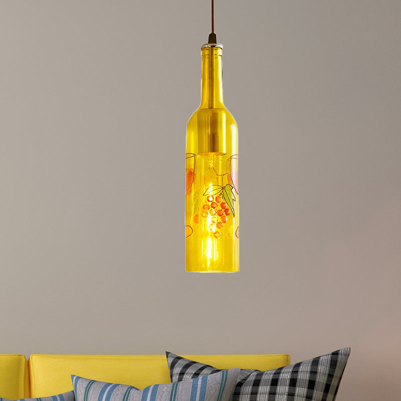 1 Light Bottle Hanging Lamp Industrial Style Red/Yellow Glass Suspended Light with Pattern for Restaurant Clearhalo 'Ceiling Lights' 'Glass shade' 'Glass' 'Industrial Pendants' 'Industrial' 'Middle Century Pendants' 'Pendant Lights' 'Pendants' 'Tiffany' Lighting' 1418287