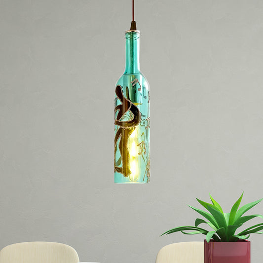 1 Light Bottle Hanging Lamp Industrial Style Red/Yellow Glass Suspended Light with Pattern for Restaurant Clearhalo 'Ceiling Lights' 'Glass shade' 'Glass' 'Industrial Pendants' 'Industrial' 'Middle Century Pendants' 'Pendant Lights' 'Pendants' 'Tiffany' Lighting' 1418288