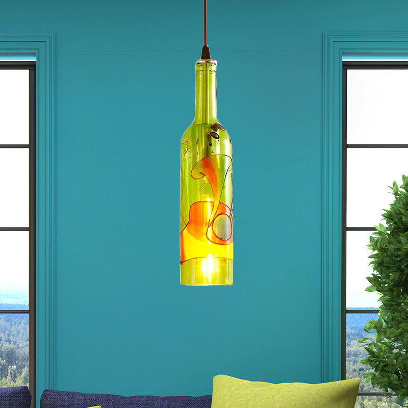 1 Light Bottle Hanging Lamp Industrial Style Red/Yellow Glass Suspended Light with Pattern for Restaurant Clearhalo 'Ceiling Lights' 'Glass shade' 'Glass' 'Industrial Pendants' 'Industrial' 'Middle Century Pendants' 'Pendant Lights' 'Pendants' 'Tiffany' Lighting' 1418289