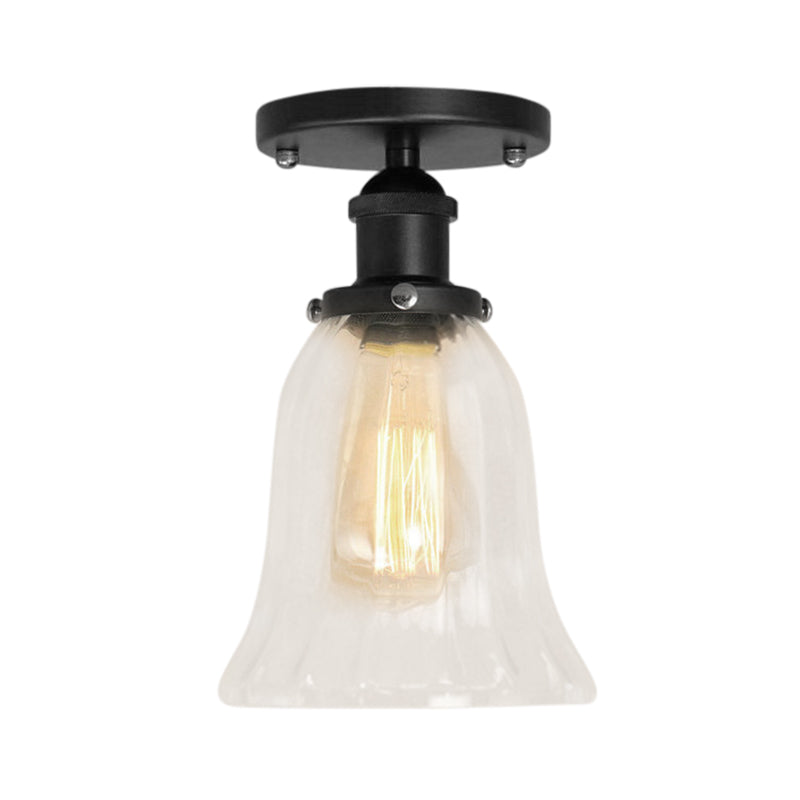 One Bulb Lighting Fixture Industrial Flared Clear Glass Semi Flush Mount Light in Black/Bronze/Copper Clearhalo 'Ceiling Lights' 'Close To Ceiling Lights' 'Close to ceiling' 'Flush mount' 'Industrial Flush Mount' Lighting' 141829