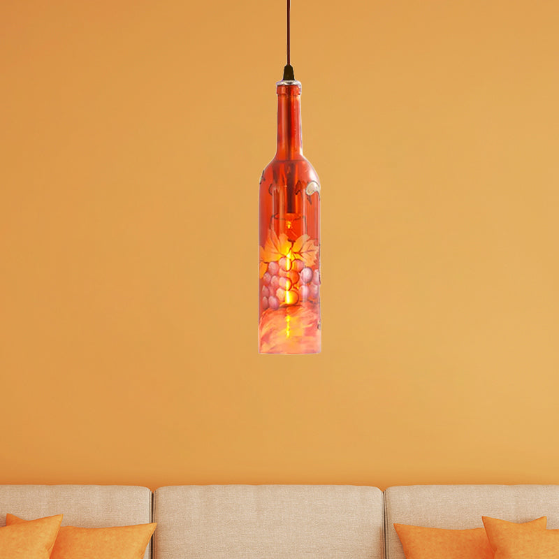 1 Light Bottle Hanging Lamp Industrial Style Red/Yellow Glass Suspended Light with Pattern for Restaurant Clearhalo 'Ceiling Lights' 'Glass shade' 'Glass' 'Industrial Pendants' 'Industrial' 'Middle Century Pendants' 'Pendant Lights' 'Pendants' 'Tiffany' Lighting' 1418290