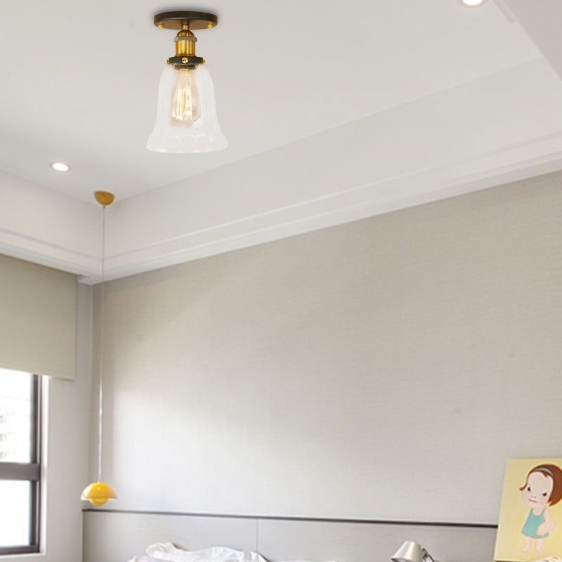 One Bulb Lighting Fixture Industrial Flared Clear Glass Semi Flush Mount Light in Black/Bronze/Copper Satin Brass Clearhalo 'Ceiling Lights' 'Close To Ceiling Lights' 'Close to ceiling' 'Flush mount' 'Industrial Flush Mount' Lighting' 141830