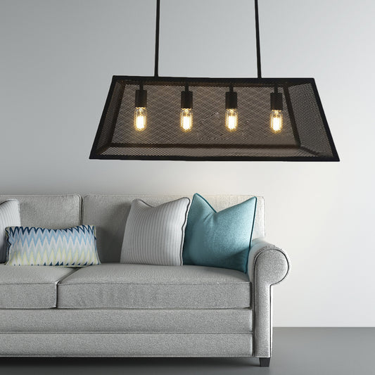 Linear Cage Dining Room Hanging Ceiling Light with Mesh Shade Vintage Style Metal 4 Lights Black Island Lighting Black Clearhalo 'Ceiling Lights' 'Island Lights' Lighting' 141832