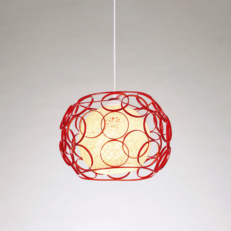 Global Metal Hanging Lamp Loft 1 Head Indoor Pendant Light Fixture with Wire Guard and Weave Ball Shade in White/Green, 10"/12.5" W Clearhalo 'Ceiling Lights' 'Modern Pendants' 'Modern' 'Pendant Lights' 'Pendants' Lighting' 1418336