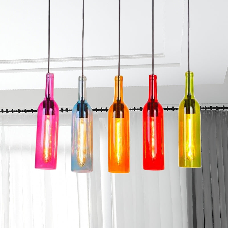 Glass Wine Bottle Hanging Light Industrial 3/5-Head Restaurant Ceiling Pendant Lamp with Round/Linear Canopy in Black Clearhalo 'Ceiling Lights' 'Glass shade' 'Glass' 'Industrial Pendants' 'Industrial' 'Middle Century Pendants' 'Pendant Lights' 'Pendants' 'Tiffany' Lighting' 1418342