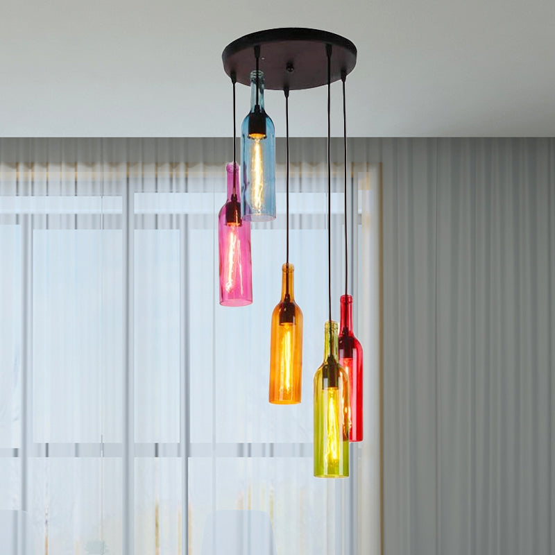 Glass Wine Bottle Hanging Light Industrial 3/5-Head Restaurant Ceiling Pendant Lamp with Round/Linear Canopy in Black Clearhalo 'Ceiling Lights' 'Glass shade' 'Glass' 'Industrial Pendants' 'Industrial' 'Middle Century Pendants' 'Pendant Lights' 'Pendants' 'Tiffany' Lighting' 1418343