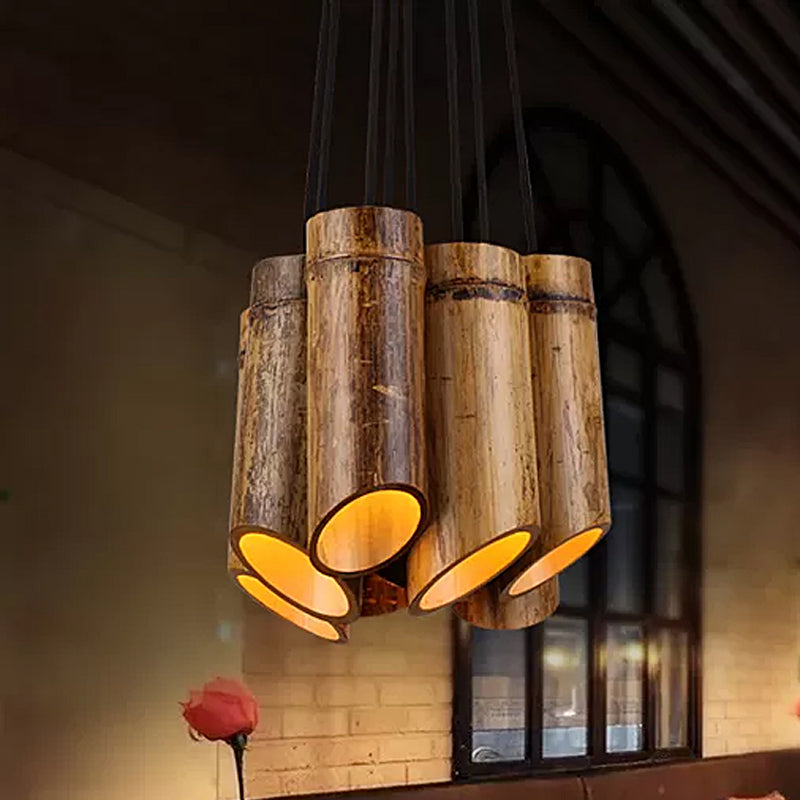 Eight-light Bamboo Hanging Lamp Antique Tube Suspension Light in Beige for Bistro Restaurant Clearhalo 'Ceiling Lights' 'Industrial Pendants' 'Industrial' 'Middle Century Pendants' 'Pendant Lights' 'Pendants' 'Tiffany' Lighting' 1418350