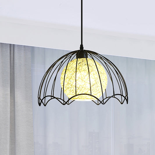 Dome Caged Metal Hanging Lamp Industrial 1 Light Dining Room Ceiling Light with Rattan Shade in Black Clearhalo 'Art Deco Pendants' 'Black' 'Cast Iron' 'Ceiling Lights' 'Ceramic' 'Crystal' 'Industrial Pendants' 'Industrial' 'Metal' 'Middle Century Pendants' 'Pendant Lights' 'Pendants' 'Rustic Pendants' 'Tiffany' Lighting' 1418359